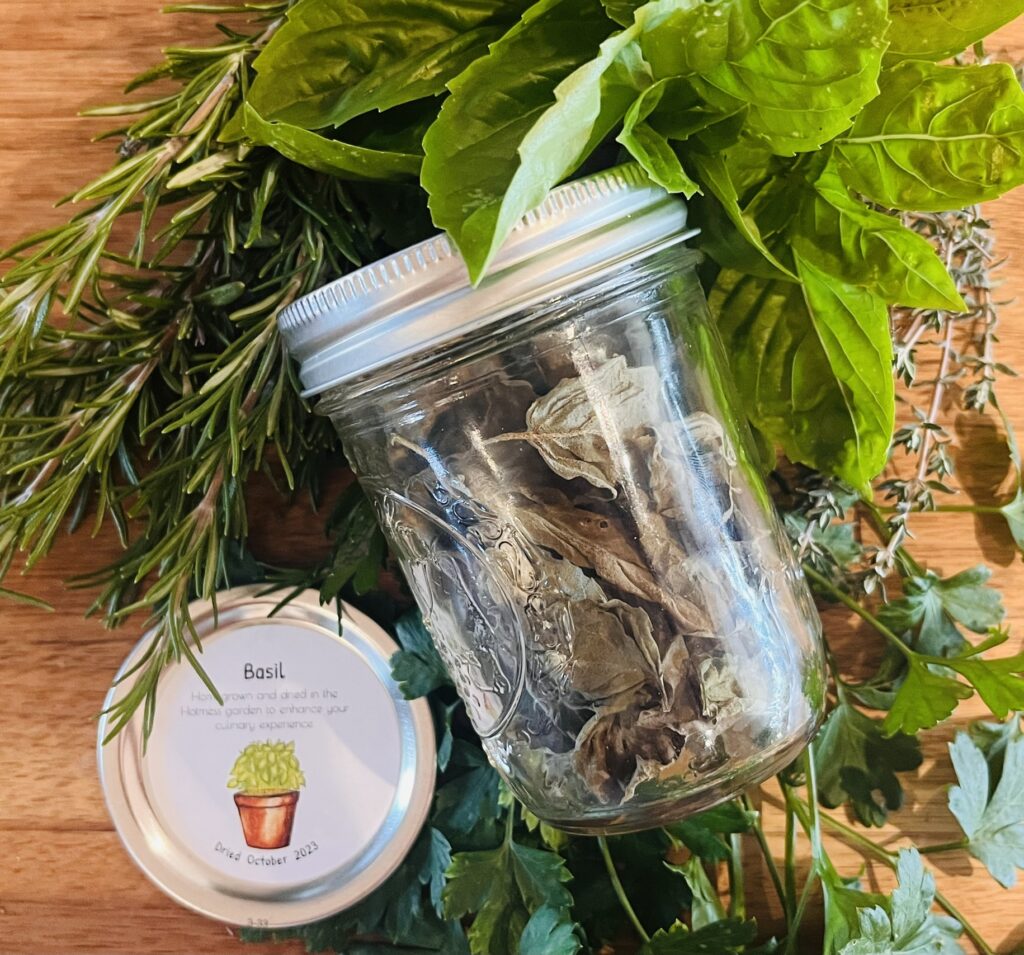 dried basil in a glass jar