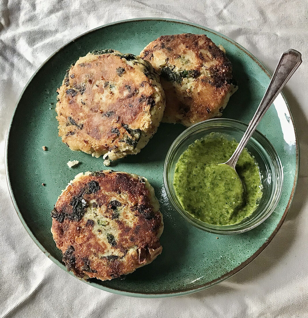 Potato Cakes with Broccoli, Kale, and Quinoa with Lemon Parsley Vinaigrette on plate