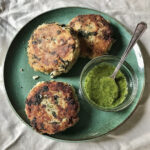 Potato Cakes with Broccoli, Kale, and Quinoa with Lemon Parsley Vinaigrette on plate